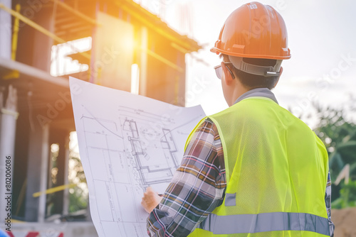 Construction Manager Reviewing Blueprints at Site. A construction manager in a hard hat and high-visibility vest reviews architectural blueprints at a building construction site during sunset.