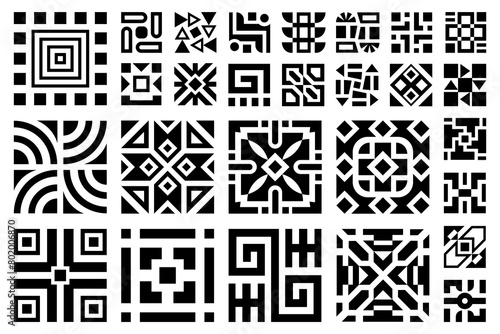 Ornamental vintage square patterns collection. Abstract mosaic black and white ornamental design elements, geometric patterns set.