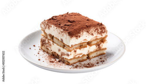 A delectable slice of tiramisu on a white plate, dusted with cocoa powder, against a transparent background. Generative AI