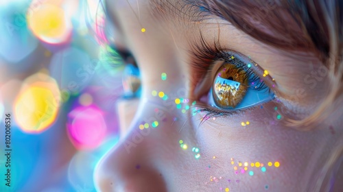 A close up of a little girl with black hair, bangs, smiling, with twinkling Christmas lights reflecting in her iris, eyelashes, nose, and rosy cheeks. A beautiful scene filled with joy and fun AIG50