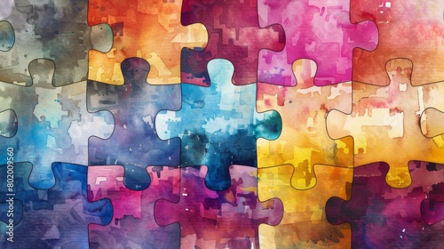Interlocking puzzle pieces with a watercolor texture, symbolizing connection and diversity in a colorful, abstract design