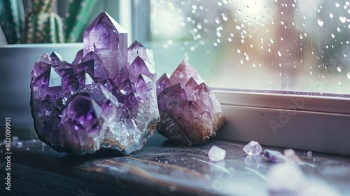  Imagine a serene scene with a purple and gemmy amethyst stone placed alongside a White Buddha head on a windowsill background. The rough amethyst crystals adorn a home altar