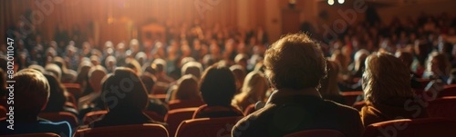 Audience watching a film in a theater with bright light. Banner