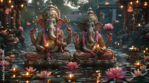 Ganesha and Lakshmi in a lively manner Surrounded by lights, diyas and decorations. It emphasizes their role in Hindu religious celebrations.
