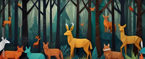 Forest animals origami background