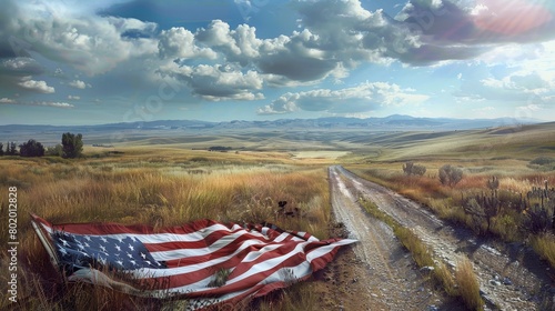 Artistic rendering of an American flag draped along a scenic path, representing a journey through America's heartland, minimalist isolated background