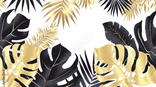 An invitation, greeting card, or sales banner with a beautiful tropical black and gold leaves design on a white background.