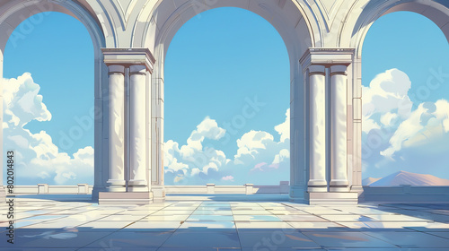A white archway with a blue sky above it
