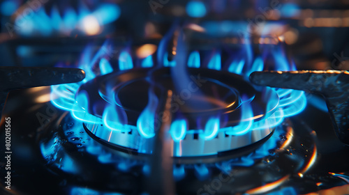 Blue flame of a gas stove isolated on a black background with reflection, a gas burning ring in a kitchen or restaurant cooking stove