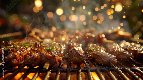 Succulent BBQ grilling against the backdrop of a blurred party revelry, blending flavors and festivities seamlessly.
