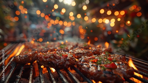 Succulent BBQ grilling against a backdrop of blurred party revelry, adding flavor to the festive occasion.