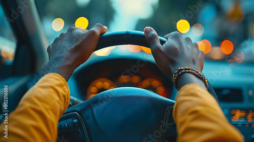 Driving Lesson point of view - POV - Shot of a young teenager, Capture the experience of driving lessons with a close-up shot. Photograph hands firmly gripping the steering wheel. 