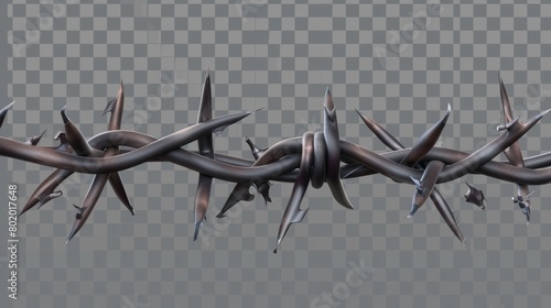 Realistic modern illustration of metal steel barbed wire with thorns or spikes isolated on transparent background for industrial or prison fences or barriers.
