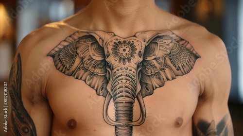 An intricate elephant tattoo on the chest, standing for wisdom and good fortune, portrayed on an uncluttered background for clarity