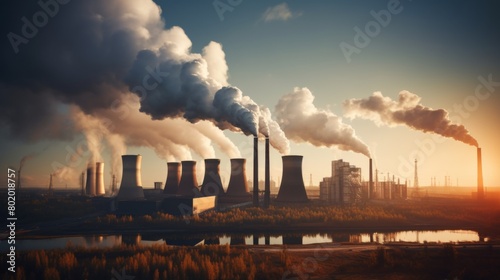 Industrial power plant with thick CO2 smoke from chimney. Pollution and carbon dioxide emissions footprint from fossil fuel burning. Global warming cause and urban environment problem from factories