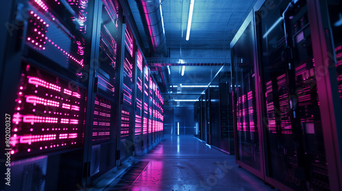 inside an operational data center. hosting a cryptocurrency mining supercomputer cluster, cloud computing, or farm