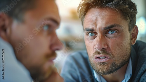 Two caucasian men in a price negotiation, the purchaser is very demanding but the sales guy is very confident and fights for his reasonable price. Generative AI.
