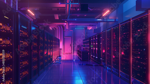 inside an operational data center. hosting a cryptocurrency mining supercomputer cluster, cloud computing, or farm