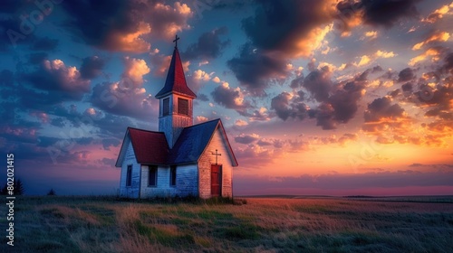 Christian Church in Western Kansas Prairie at Dusk