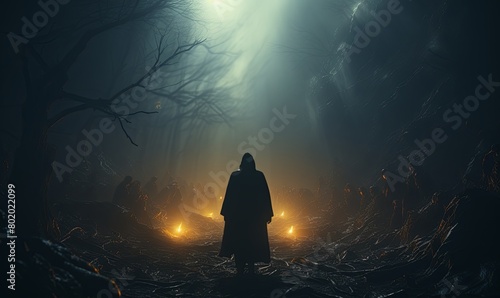 Person Standing in Dark Forest at Night