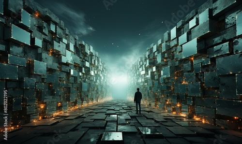 Man Standing in Room Filled With Cubes