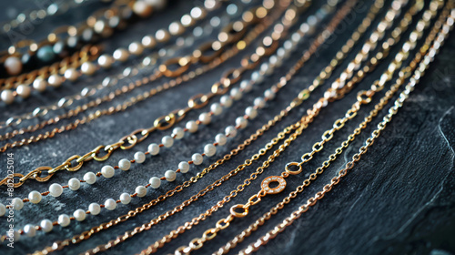 Beautiful chain necklaces on dark background --ar 169