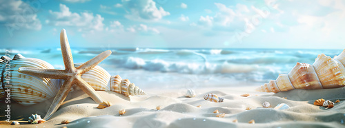 The sandy beach is covered with shells and starfish, with a blue sea background, clear sky, and a panoramic view. Bright colors and natural light