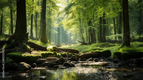 A tranquil forest scene with sunlight filtering through the trees, conveying the peace and serenity of nature. Concept of mindfulness and natural beauty