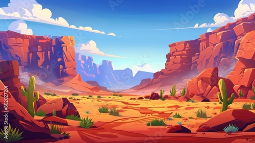 An illustration of a nature park with rocks, natural canyons, stone cliffs, and green grass in a reddish-brown landscape. Grand Canyon National Park.