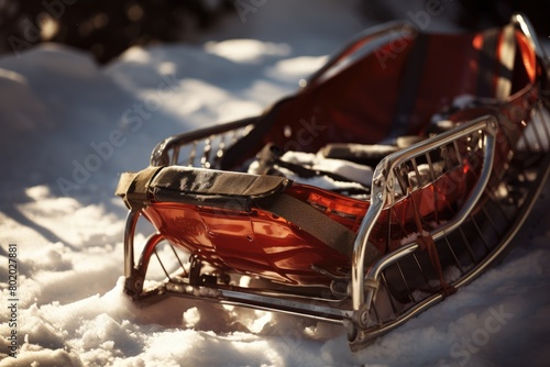 Detail shot of a sled ready for a ride down a snowy hill.