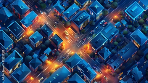Modern cartoon cityscape in aerial view. Various buildings, cars on the road, and pedestrians crossing the street at night.