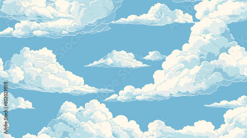 A seamless pattern of white clouds on blue sky, illustrated in the style of children's book. The design incorporates light babyblue and softwhite colors