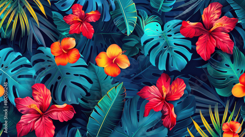 Painted bright flowers and blue-green leaves of the monstera. Tropical floral background