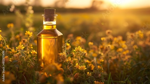 Rapeseed oil in bottle with field background artistic shallow depth of field. Concept Photography, Rapeseed Oil, Bottle, Field, Shallow Depth of Field