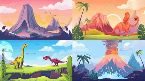 Modern set of website templates with cartoon landscape of Jurassic era with dino characters and volcano. VR technologies and augmented reality with ancient reptiles.