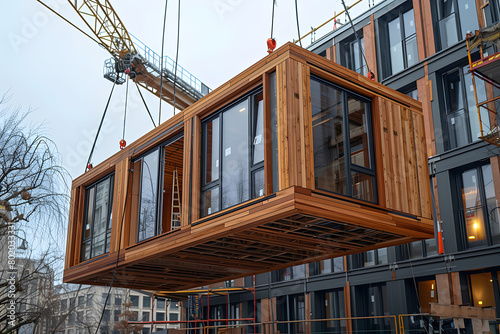 Modular wooden building module being lifted by a crane at a construction site. Sustainable architecture and urban development concept. Design for poster, banner, and construction industry
