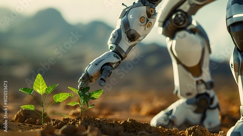 The robot arm evaluates the condition of seedlings in the desert