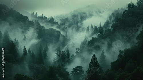 a foggy forest with trees and fog in the background