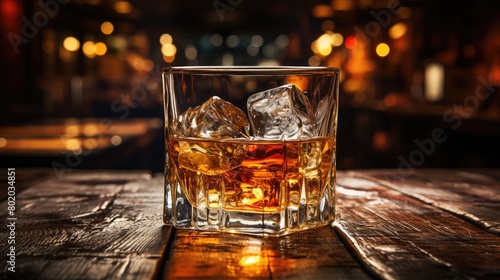 A crystal glass of whiskey with ice stands on a wooden table in a cafe. Leisure theme.