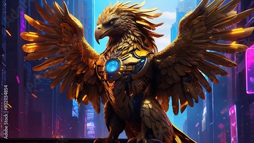 golden eagle on the background of skyscrapers
