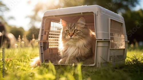 A young fluffy beautiful cute cat sits in a carrier on the green grass. Favorite pets. Theme of health and disease prevention.