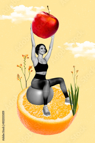 Composite 3D photo collage image of young happy lady yoga training pilates hold in hand huge apple half orange flower spring season