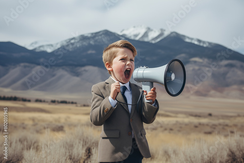 Confident Young Boy in Suit Shouting into Megaphone. The scene conveys a sense of authority and assertiveness despite the boy's young age. Generative AI