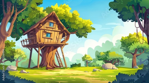 In summer forest with brown trees, old shack on piles with terrace on piles is surrounded by green trees. Uninhabited forester hut, pc game background, landscape landscape illustration with cartoon