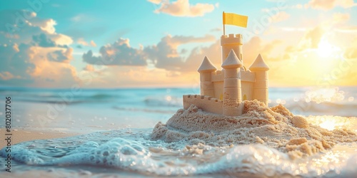 Sand castle with yellow flag