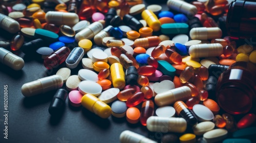 An array of multicolored pharmaceutical pills and capsules, including opioids, vitamins, and a variety of medicines, scattered across a surface, representing healthcare and medication diversity