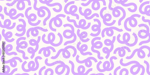 Pastel violet abstract squiggle doodle lines seamless pattern. Party streamers ribbons lilac celebration background.