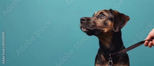 Portrait of a dog on a leash on a light studio background. Close-up of the head. Banner with copy space.