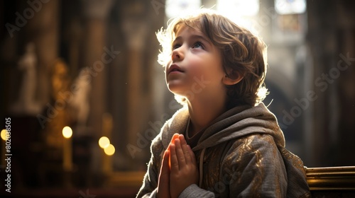 Young boy praying in church