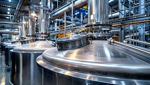 Stainless steel tanks for processing and storing plantbased milk in a factory. Concept Stainless Steel Tanks, Plant-based Milk, Factory Processing, Storage, Dairy Equipment